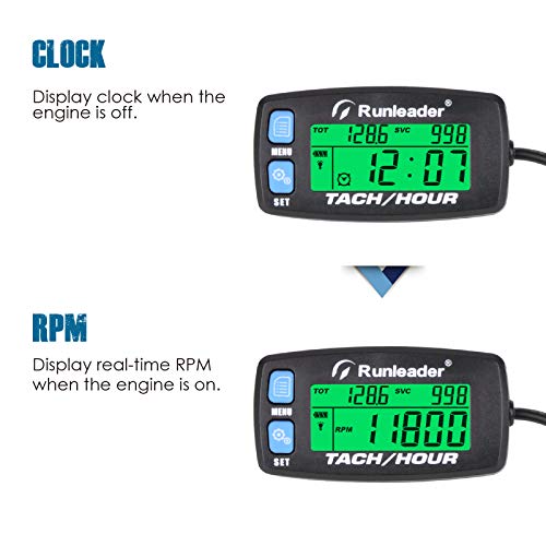 Runleader Hour Meter Tachometer, Maintenance Reminder Alert RPM Backlit Display Initial Hours Setting Battery Replaceable Use for ZTR Mower Generator