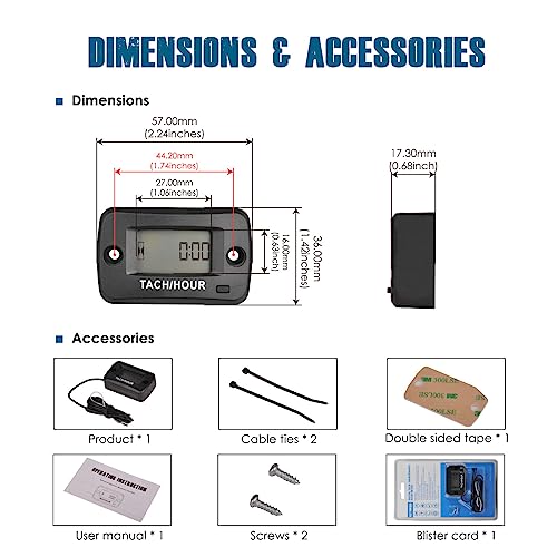 Runleader RL-HM019R Digital Self Powered Tach/ Hour Meter, Maintenance Interval Time, RPM Alert for Riding Lawn Tractor Generator Compressor Outboards Motor
