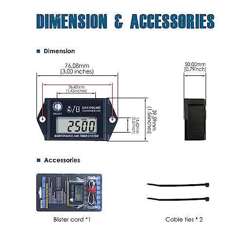 Runleader RL-HM026A Digital Hour Meter Tachometer Maintenance Reminde, Max RPM Recall Use for ZTR Lawn Mower Tractor Generator Marine Motor Motorcycle