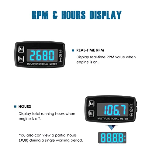 Runleader RL-HM035LT Digital LED Engine Hour Meter, RPM & Temperature Display, Maintenance Reminder, External Powered Operating for Lawn Mower
