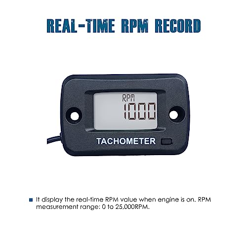 Runleader RL-HM019J Digital Tachometer with Alligator clip, Real-time RPM Max RPM Record Waterproof for Riding Lawn Mower Tractor Generator Marine Snowblower