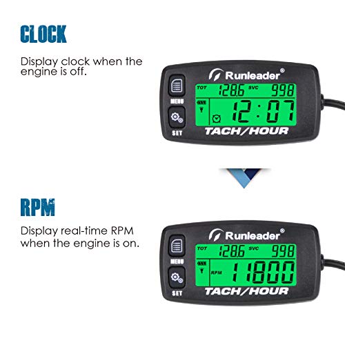 Runleader Hour Meter Tachometer, Maintenance Reminder Alert RPM Backlit Display Initial Hours Setting Battery Replaceable Use for ZTR Mower Generator