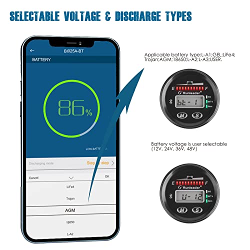 Runleader RL-BI025A-BT 12V to 48V Bluetooth LED Battery Indicator Voltage Gauge with Alert Run Hours Record for Lead Acid Battery