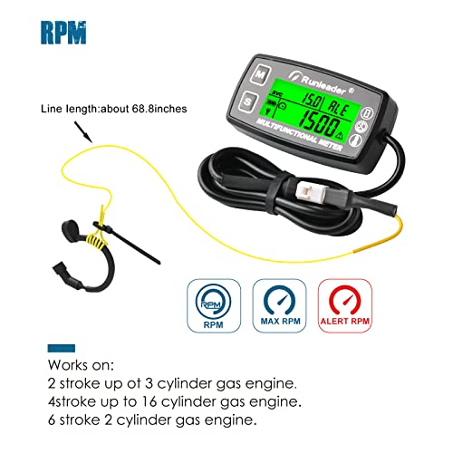 Runleader RL-HM035A Digital Tach Hour Meter, Engine Temperature Gauge, Alert RPM & Temp Backlights Display for Lawn Tractor Compressor Generator Snowmobile