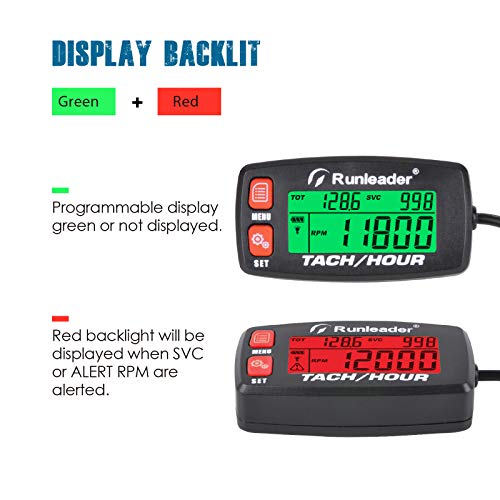 Runleader Hour Meter Tachometer, Maintenance Reminder Alert RPM Backlit Display Initial Hours Setting Battery Replaceable Use for ZTR Mower Generator
