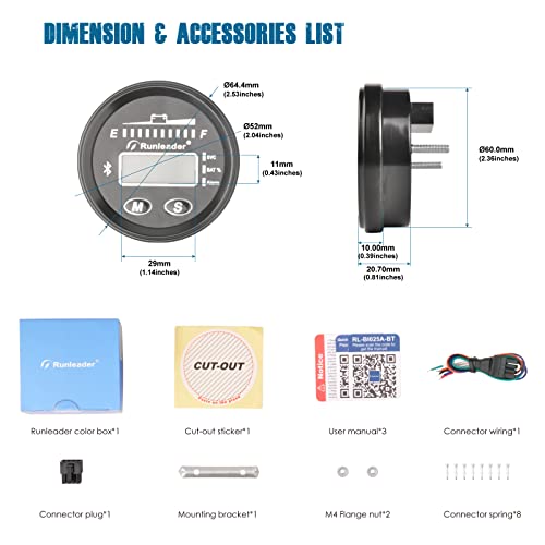 Runleader RL-BI025A-BT 12V to 48V Bluetooth LED Battery Indicator Voltage Gauge with Alert Run Hours Record for Lead Acid Battery