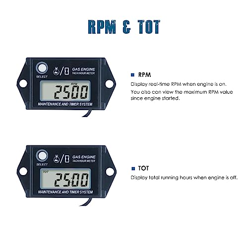 Runleader RL-HM026A Digital Hour Meter Tachometer Maintenance Reminde, Max RPM Recall Use for ZTR Lawn Mower Tractor Generator Marine Motor Motorcycle