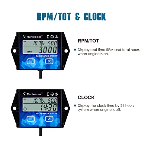 Runleader RL-HM011HB Digital LCD Tach Hour Meter Maintenance Reminder Multiple Display with Backlight for Garden Tractor Wood Splitter Brush Cutter Generator