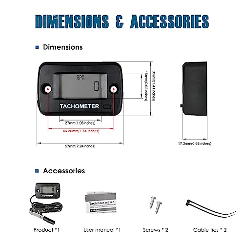 Runleader RL-HM019J Digital Tachometer with Alligator clip, Real-time RPM Max RPM Record Waterproof for Riding Lawn Mower Tractor Generator Marine Snowblower
