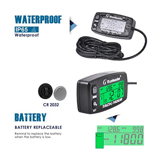 Runleader Hour Meter Tachometer, Maintenance Reminder Alert RPM Backlit Display Initial Hours Setting Battery Replaceable Use for ZTR Mower Generator