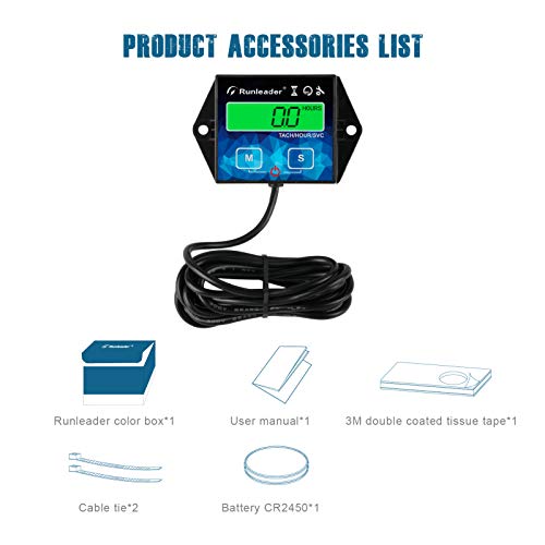 Runleader Backlight Hour Meter Tachometer, Maintenance Reminder, Battery Replaceable, User Shutdown,Use for Lawn Mower Tractor Generator Marine ATV