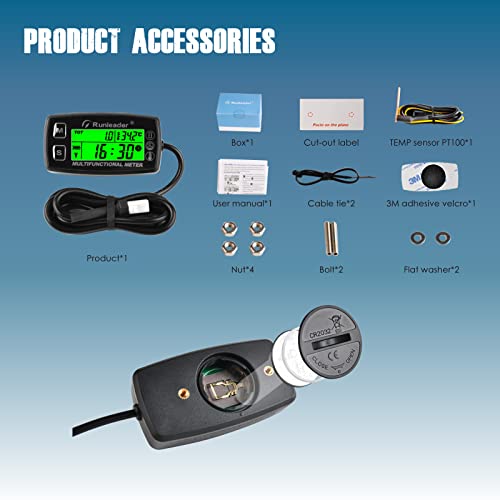 Runleader RL-HM035A Digital Tach Hour Meter, Engine Temperature Gauge, Alert RPM & Temp Backlights Display for Lawn Tractor Compressor Generator Snowmobile