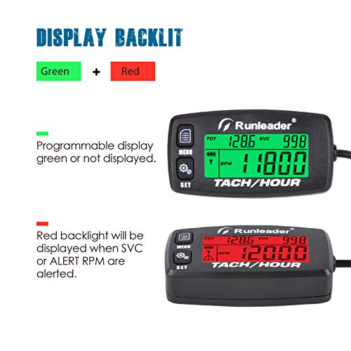 Runleader Hour Meter Tachometer, Maintenance Reminder Alert RPM Backlit Display Initial Hours Setting Battery Replaceable Use for ZTR Mower Generator