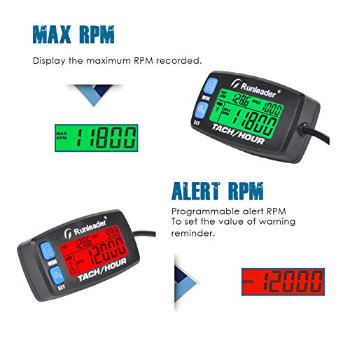 Runleader Hour Meter Tachometer, Maintenance Reminder Alert RPM Backlit Display Initial Hours Setting Battery Replaceable Use for ZTR Mower Generator