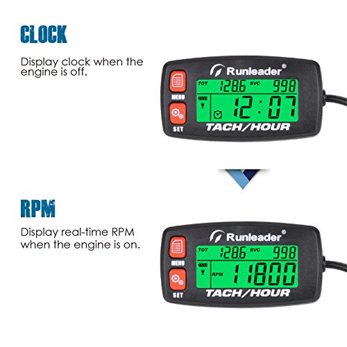 Runleader Hour Meter Tachometer, Maintenance Reminder Alert RPM Backlit Display Initial Hours Setting Battery Replaceable Use for ZTR Mower Generator