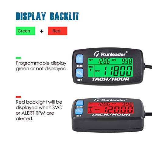 Runleader Hour Meter Tachometer, Maintenance Reminder Alert RPM Backlit Display Initial Hours Setting Battery Replaceable Use for ZTR Mower Generator