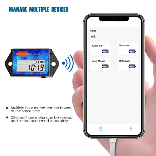 Runleader RL-HM027-BT Digital Bluetooth Hours Tachometer APP Remote Controlled Tach/ Hour Meter Maintenance Reminder & RPM Alert Battery or DC Power Supply