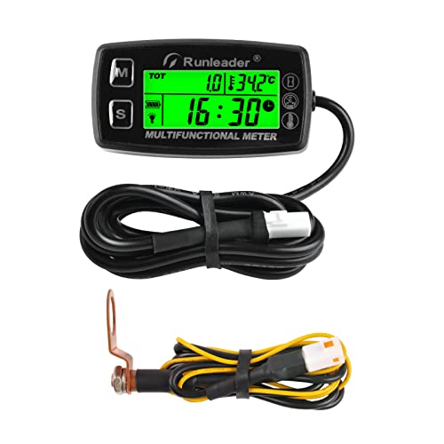 Runleader RL-HM035A Digital Tach Hour Meter, Engine Temperature Gauge, Alert RPM & Temp Backlights Display for Lawn Tractor Compressor Generator Snowmobile