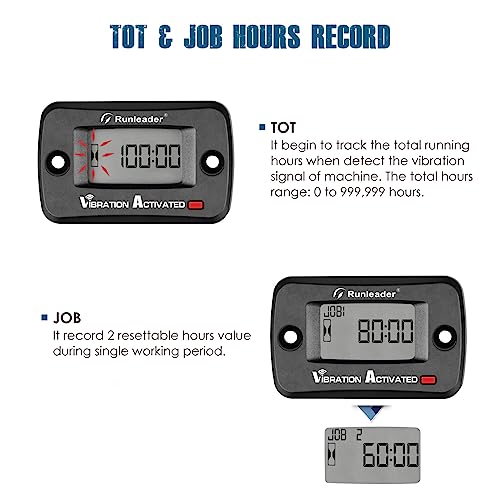 Runleader Digital Wireless Hour Meter, Vibration Activated, Maintenance Reminder, Resettable Job Timer, User Lock Shutdown, Use for Generator Marine