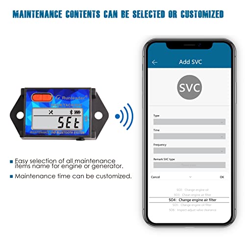 Runleader RL-HM027-BT Digital Bluetooth Hours Tachometer APP Remote Controlled Tach/ Hour Meter Maintenance Reminder & RPM Alert Battery or DC Power Supply