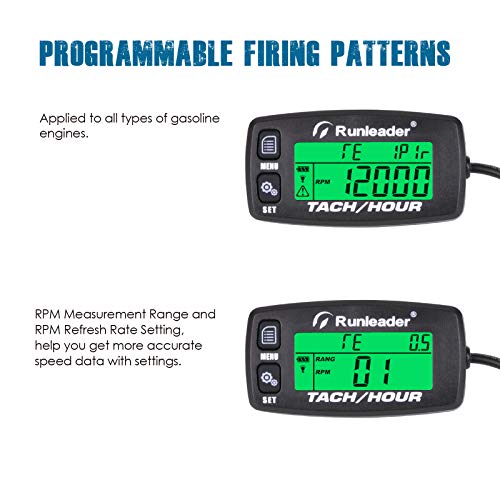 Runleader Hour Meter Tachometer, Maintenance Reminder Alert RPM Backlit Display Initial Hours Setting Battery Replaceable Use for ZTR Mower Generator