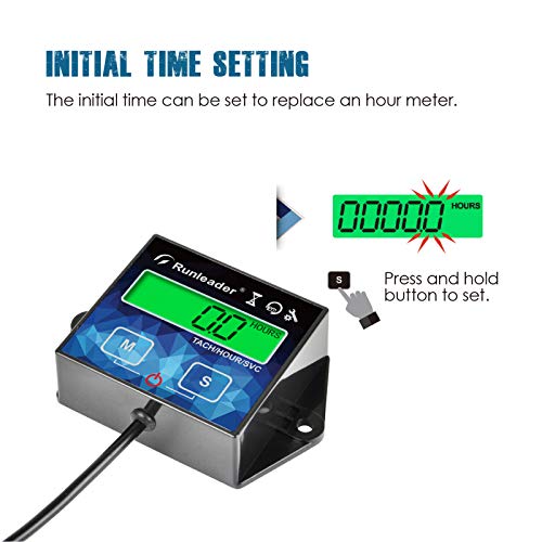 Runleader Backlight Hour Meter Tachometer, Maintenance Reminder, Battery Replaceable, User Shutdown,Use for Lawn Mower Tractor Generator Marine ATV