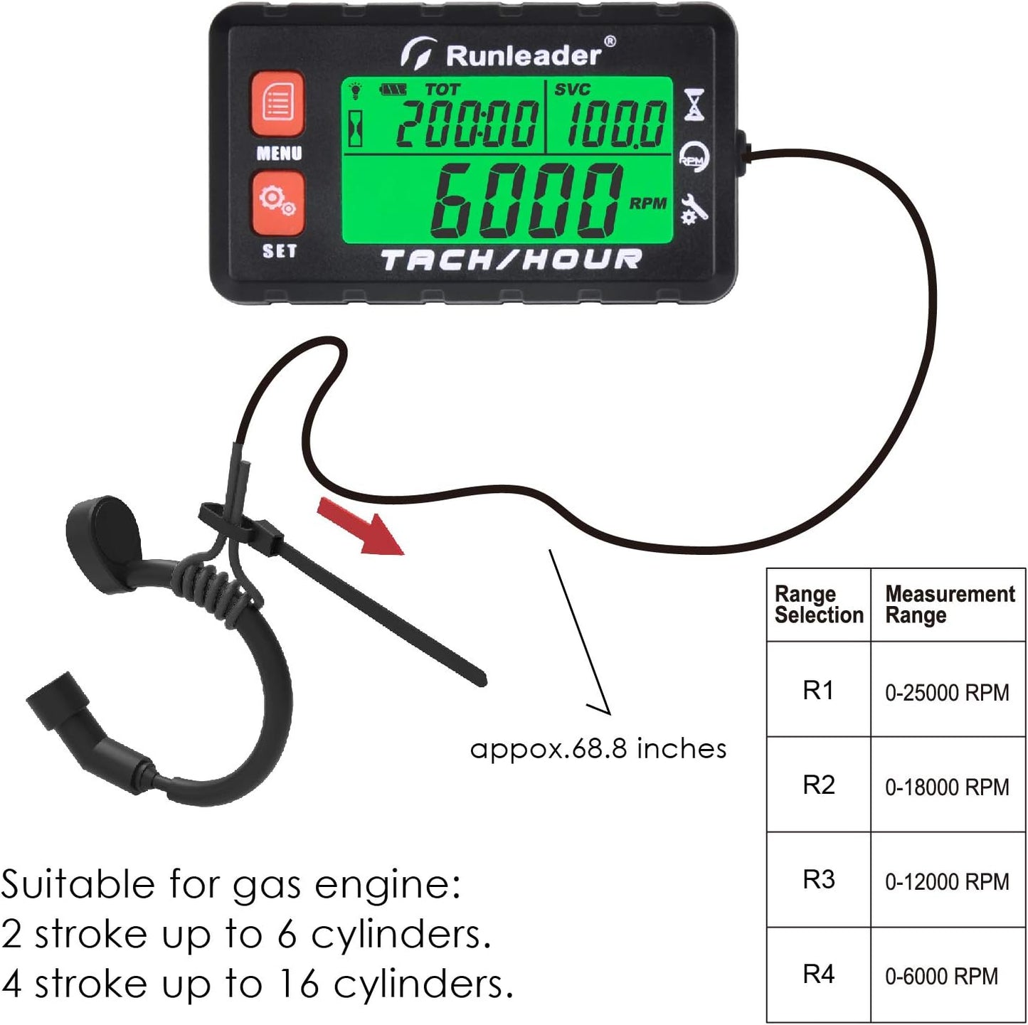 Runleader RL-HM058B Hour Meter Tachometer, Maintenance Reminder, Alert RPM Reminder, Initial Hours Settable, Battery Replaceable, Use for Lawn Mower Generator Marine ATV and Gas Powered Equipment