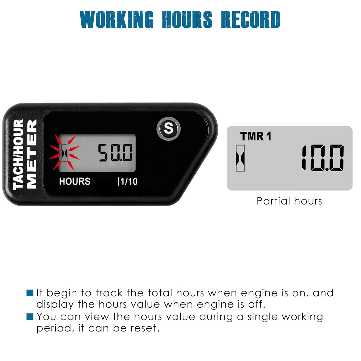 Runleader RL-HM016J Digital Hours Tachometer with Alligator Clip for Garden Tractor Generator Motorcycle ATV Outboard Motor Jetski Chainsaw etc.
