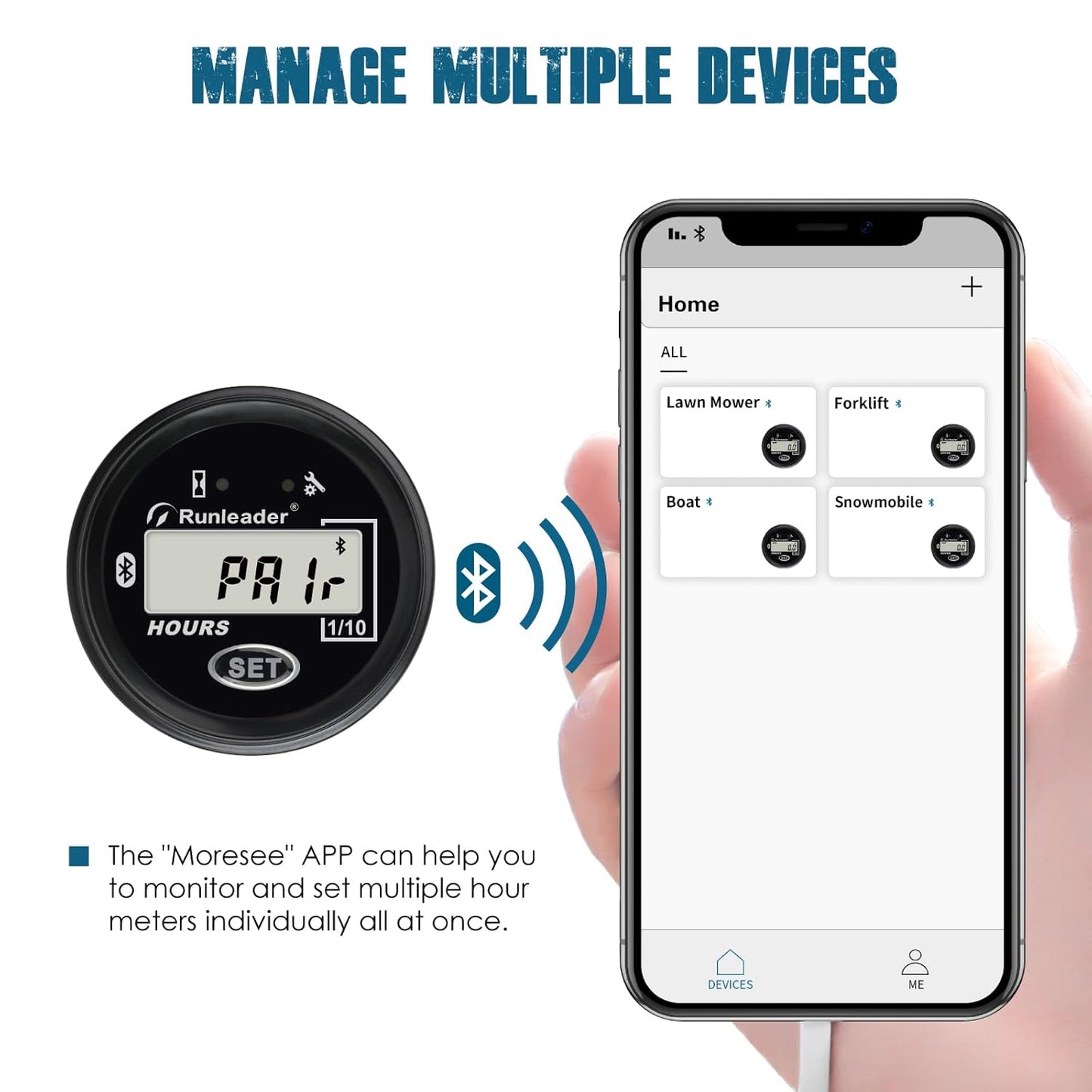 Runleader RL-HM069D LCD Digital Bluetooth Communication Hour Meter,Voltage.AC 8V to 50V/DC 8V to 65V,Multiple Maintenance Reminders,Waterproof Design for Lawn Mower Tractor Boat Snowmobile Scrubber Machine.