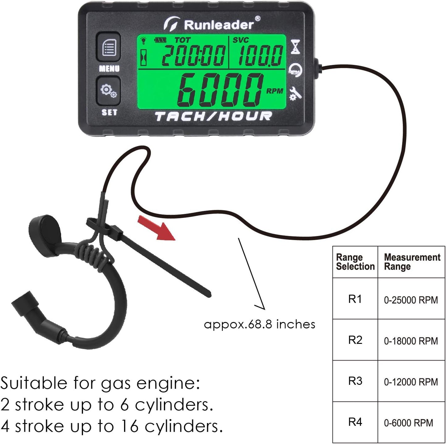 Runleader RL-HM058A Digital Self-Powered Hours Tachometer,Maintenance Reminder,Backlights Display, Replaceable Battery for Lawn Tractor Log Splitter Generator Compressor Motorcycle ATV Snowmobile.