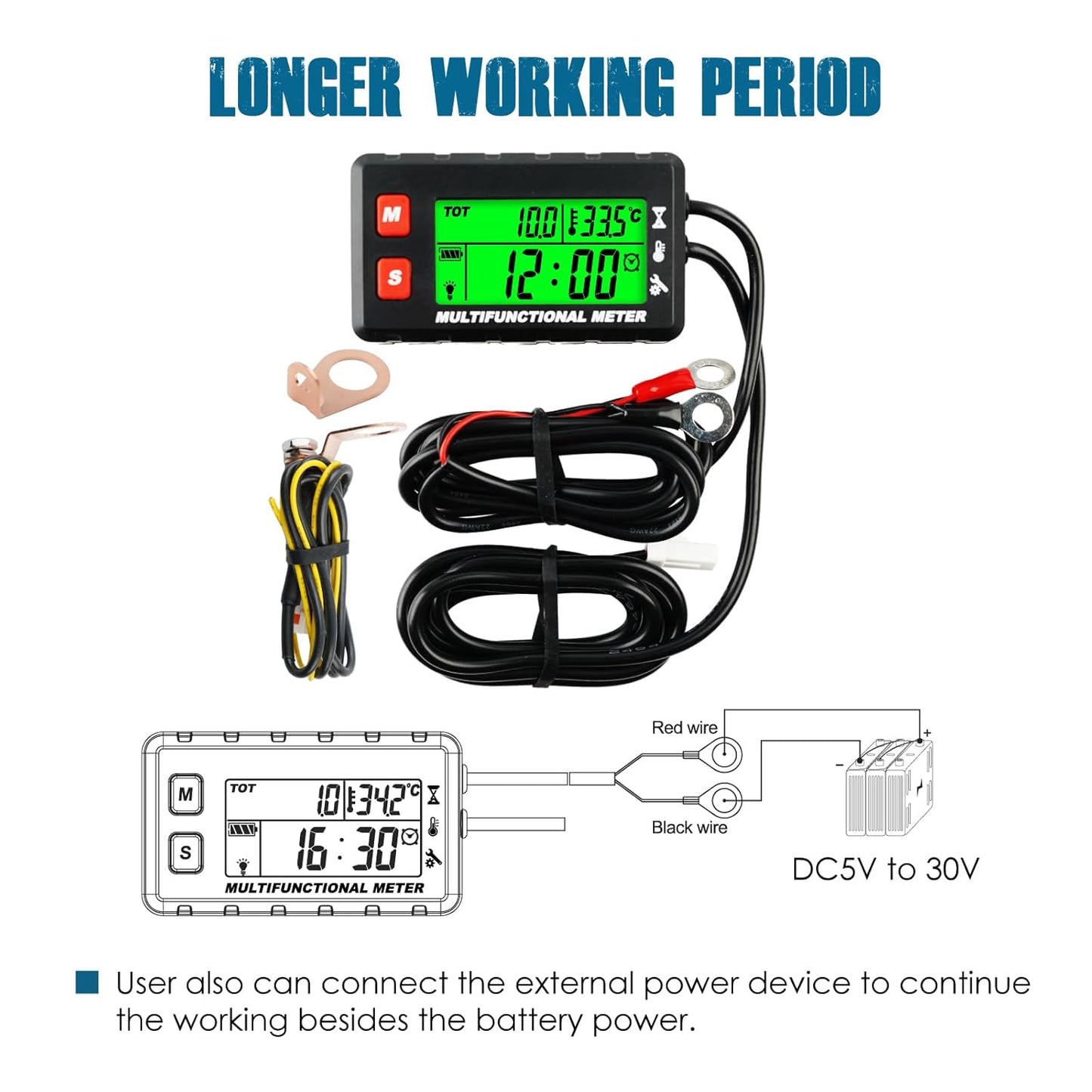 Runleader RL-HM058C Digital Engine Temperature Meter,Tach/Hour Meter,Battery Replacement and DC5V to 30V External Power Supply for Gasoline Engine Garden Tractor Generator Motorcycle Outboard Motor etc.