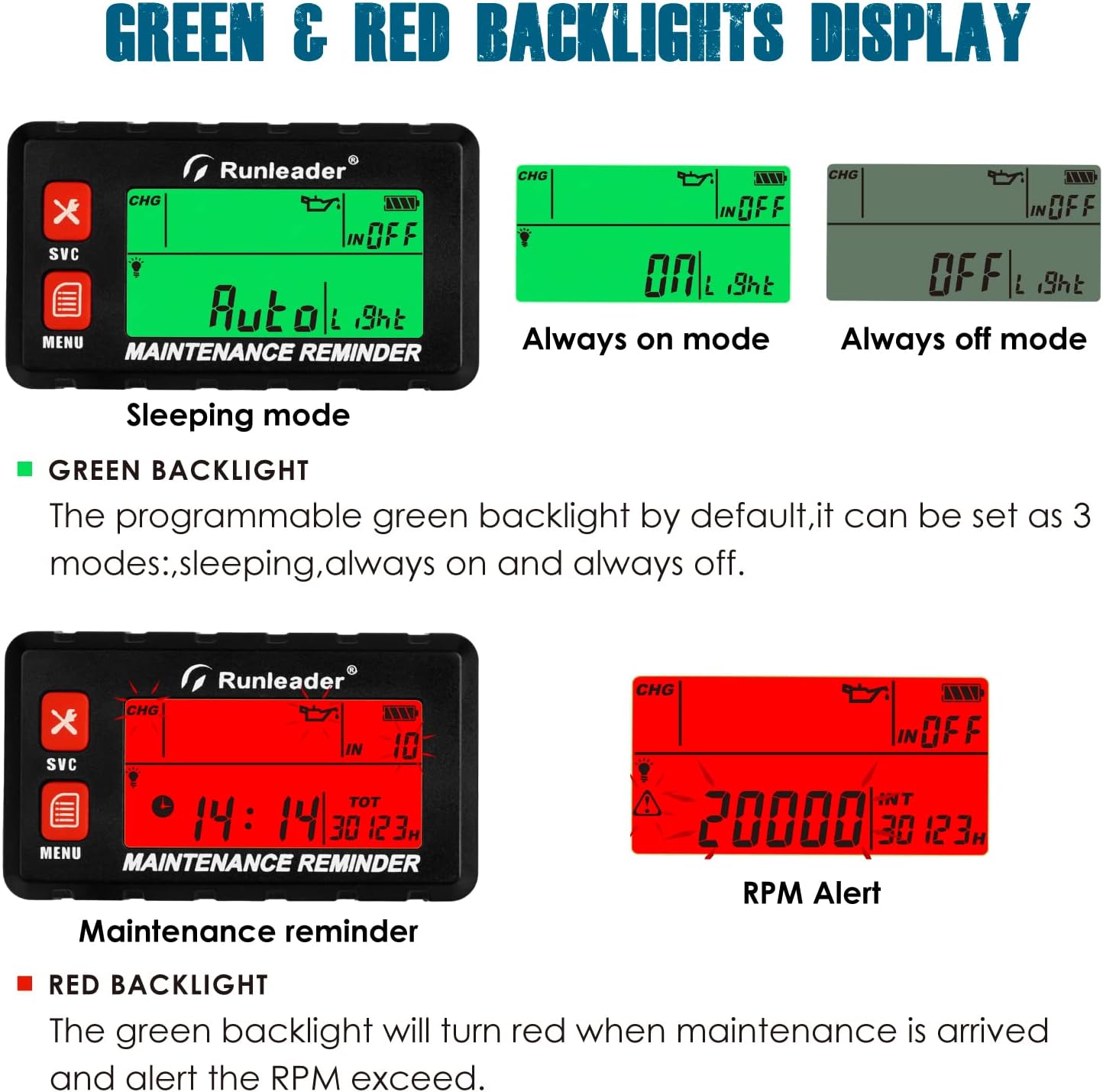 Runleader RL-HM058G Digital Self Powered Hour Meter Tachometer,RPM Alert, Multiple Maintenance Reminders,Backlights Display & Selection for Lawn Mower Generator ATV Outboards Snowblower Motorcycle