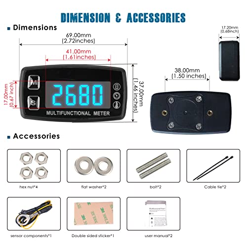 Runleader RL-HM035LT Digital LED Engine Hour Meter, RPM & Temperature Display, Maintenance Reminder, External Powered Operating for Lawn Mower