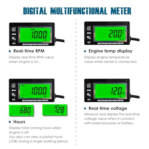Runleader RL-HM028A Digital Hours Tachometer, Engine Temperature Gauge, Backlight Display, Large LCD Screen, Battery Replaceable for Garden Mower Generator
