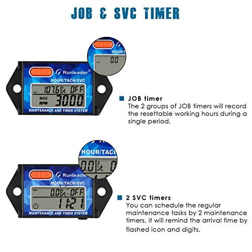 Runleader Digital Hours Tachometer, Maintenance Reminder, Battery Replaceable, Works on Small Gas Engine, Use for Riding Lawn Mower Generator