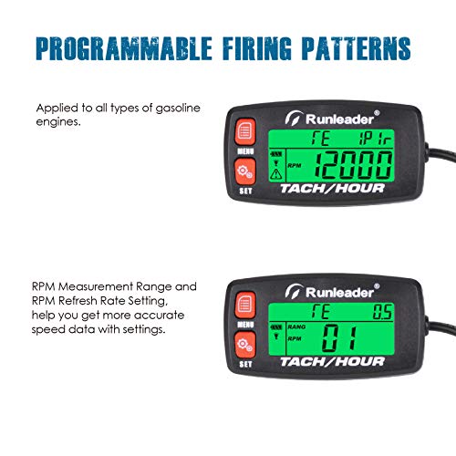 Runleader Hour Meter Tachometer, Maintenance Reminder Alert RPM Backlit Display Initial Hours Setting Battery Replaceable Use for ZTR Mower Generator