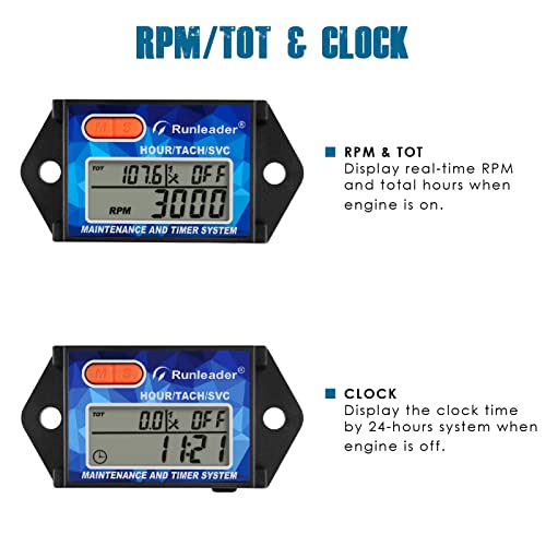 Runleader Digital Hours Tachometer, Maintenance Reminder, Battery Replaceable, Works on Small Gas Engine, Use for Riding Lawn Mower Generator