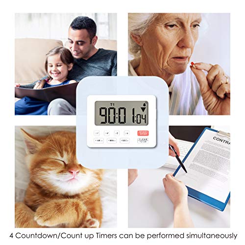 Runleader RL-HM206 Digital Kitchen Timer with 4 Tracking Channels, Count-Down& Stopwatch, 12/24 Hours Clock, Magnetic& Loop for Kitchen Dinning