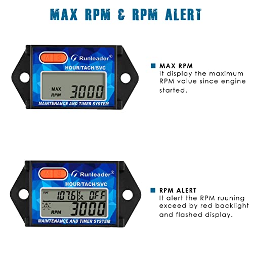 Runleader Digital Hours Tachometer, Maintenance Reminder, Battery Replaceable, Works on Small Gas Engine, Use for Riding Lawn Mower Generator