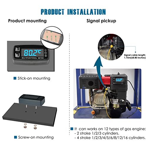 Runleader RL-HM035LT Digital LED Engine Hour Meter, RPM & Temperature Display, Maintenance Reminder, External Powered Operating for Lawn Mower
