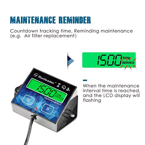 Runleader Backlight Hour Meter Tachometer, Maintenance Reminder, Battery Replaceable, User Shutdown,Use for Lawn Mower Tractor Generator Marine ATV