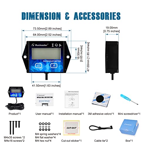 Runleader RL-HM011HB Digital LCD Tach Hour Meter Maintenance Reminder Multiple Display with Backlight for Garden Tractor Wood Splitter Brush Cutter Generator