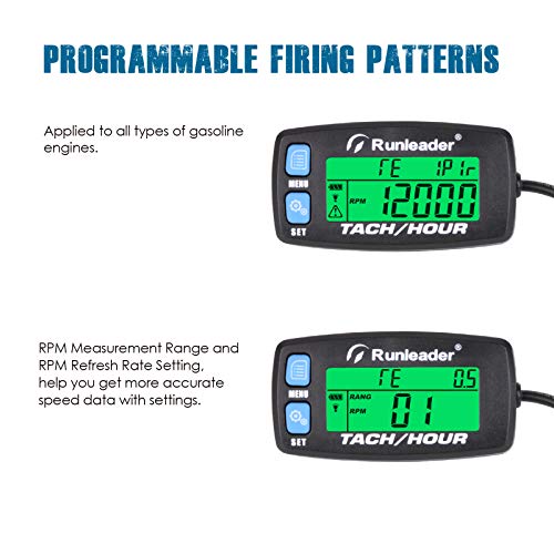 Runleader Hour Meter Tachometer, Maintenance Reminder Alert RPM Backlit Display Initial Hours Setting Battery Replaceable Use for ZTR Mower Generator