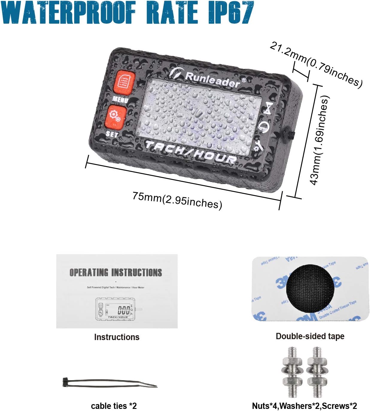 Runleader RL-HM058B Hour Meter Tachometer, Maintenance Reminder, Alert RPM Reminder, Initial Hours Settable, Battery Replaceable, Use for Lawn Mower Generator Marine ATV and Gas Powered Equipment
