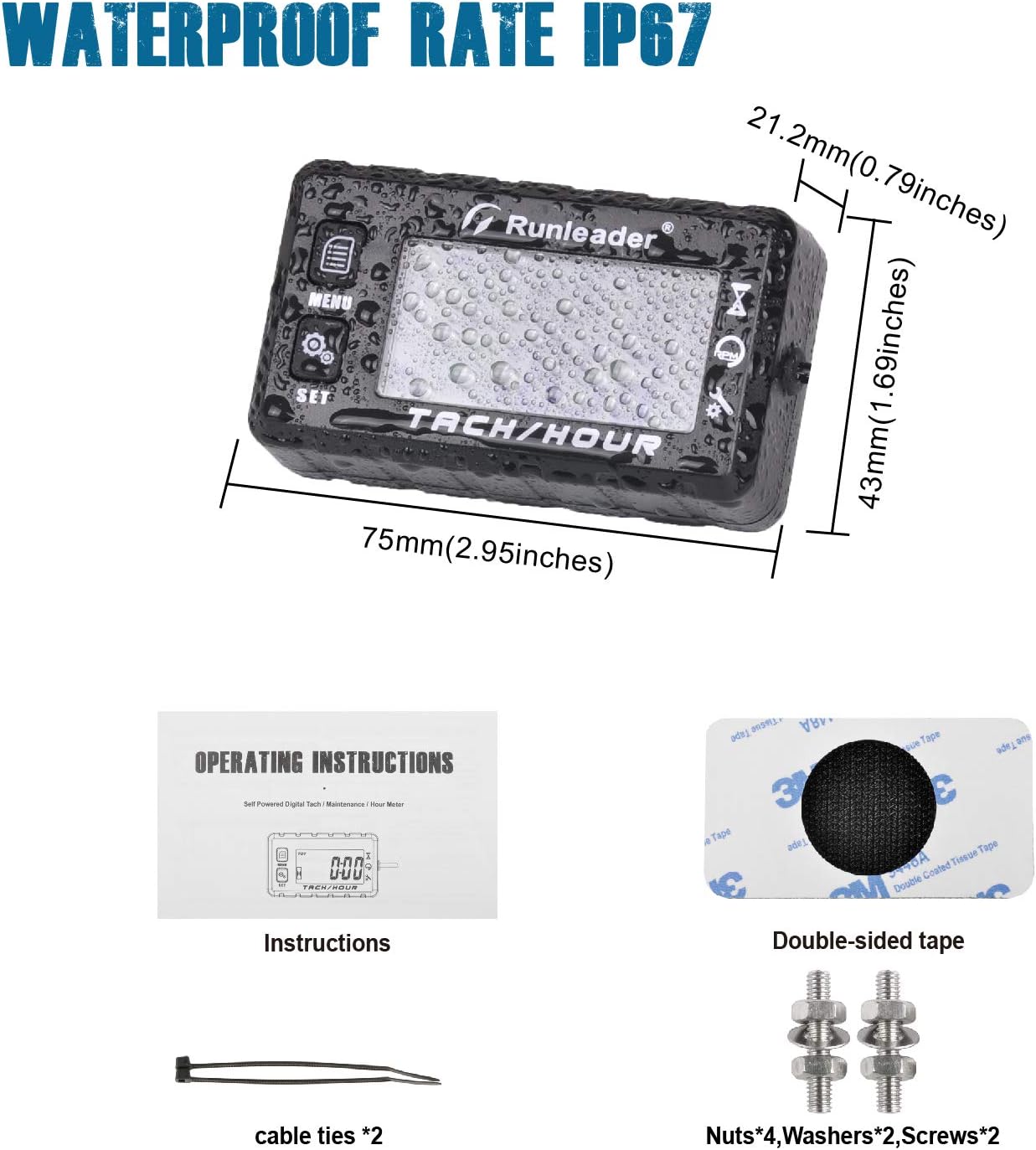 Runleader RL-HM058A Digital Self-Powered Hours Tachometer,Maintenance Reminder,Backlights Display, Replaceable Battery for Lawn Tractor Log Splitter Generator Compressor Motorcycle ATV Snowmobile.
