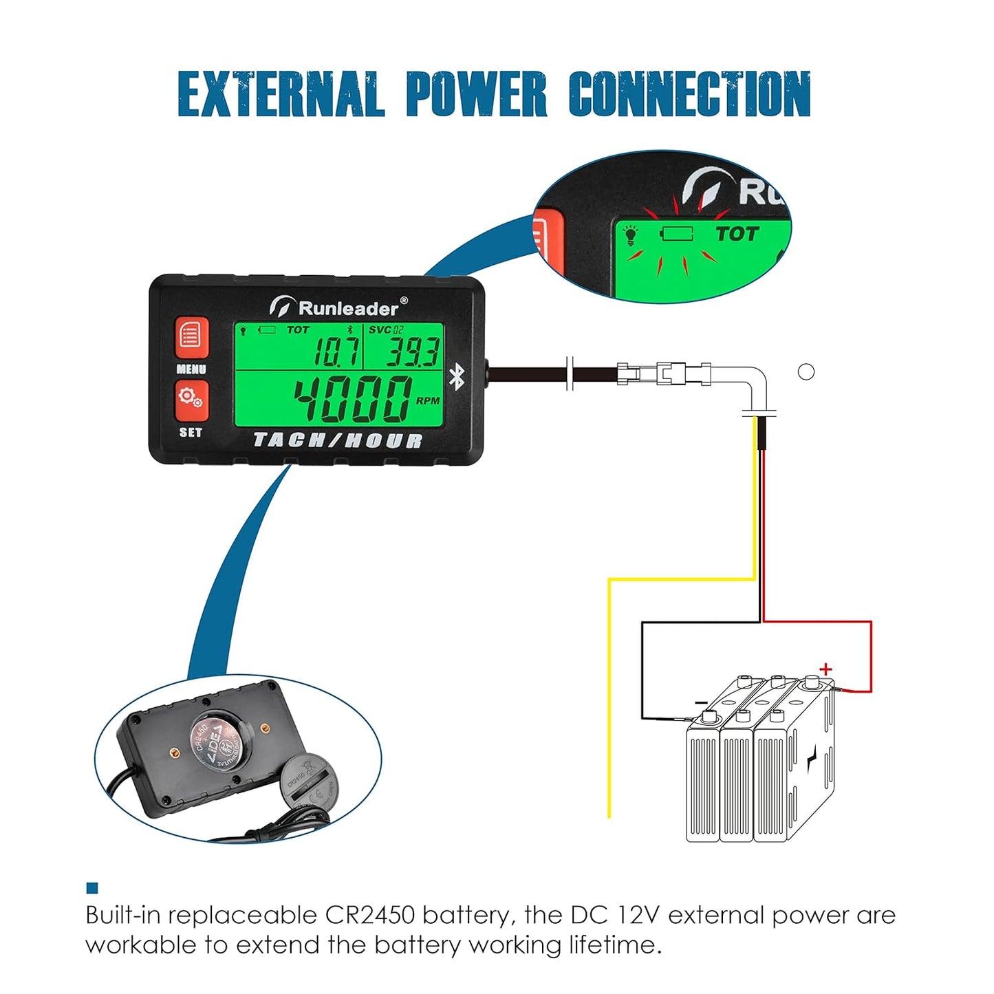 Runleader RL-HM058-BT Bluetooth Shunt Tach Hour Meter, Works by Replaceable Battery and DC 12V Power. (RL-HM058-BT)