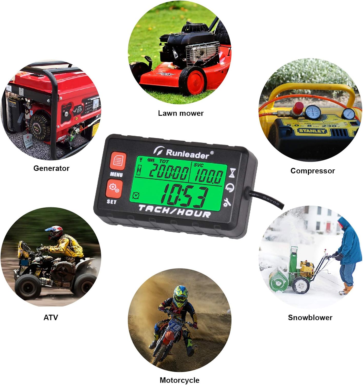Runleader RL-HM058B Hour Meter Tachometer, Maintenance Reminder, Alert RPM Reminder, Initial Hours Settable, Battery Replaceable, Use for Lawn Mower Generator Marine ATV and Gas Powered Equipment
