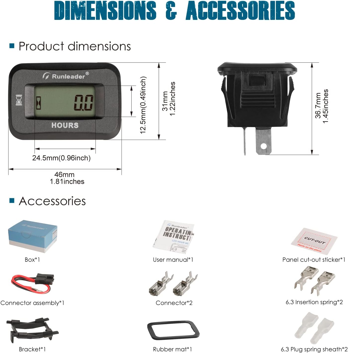 Runleader RL-HM057ADH-2 Digital Hours Counter,Volt.DC 5V to 60V, 50 Hours Maintenance Reminder for Garden Tractor Generator Compressor ATV Outboard Motor Golf Cart Forklift Snowblower.