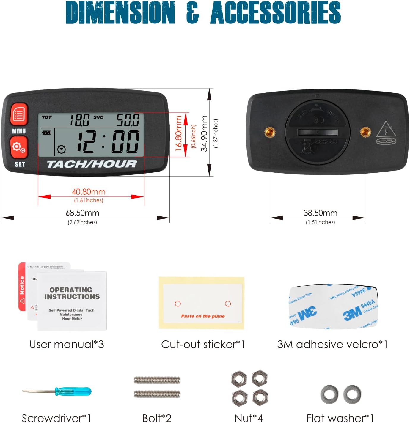 Runleader RL-HM032J Digital Tach/Hour Meter with Alligator Clip, Maintenance Reminder for Garden Tractor Generator Motorcycle Outboard Motor Chainsaw etc.