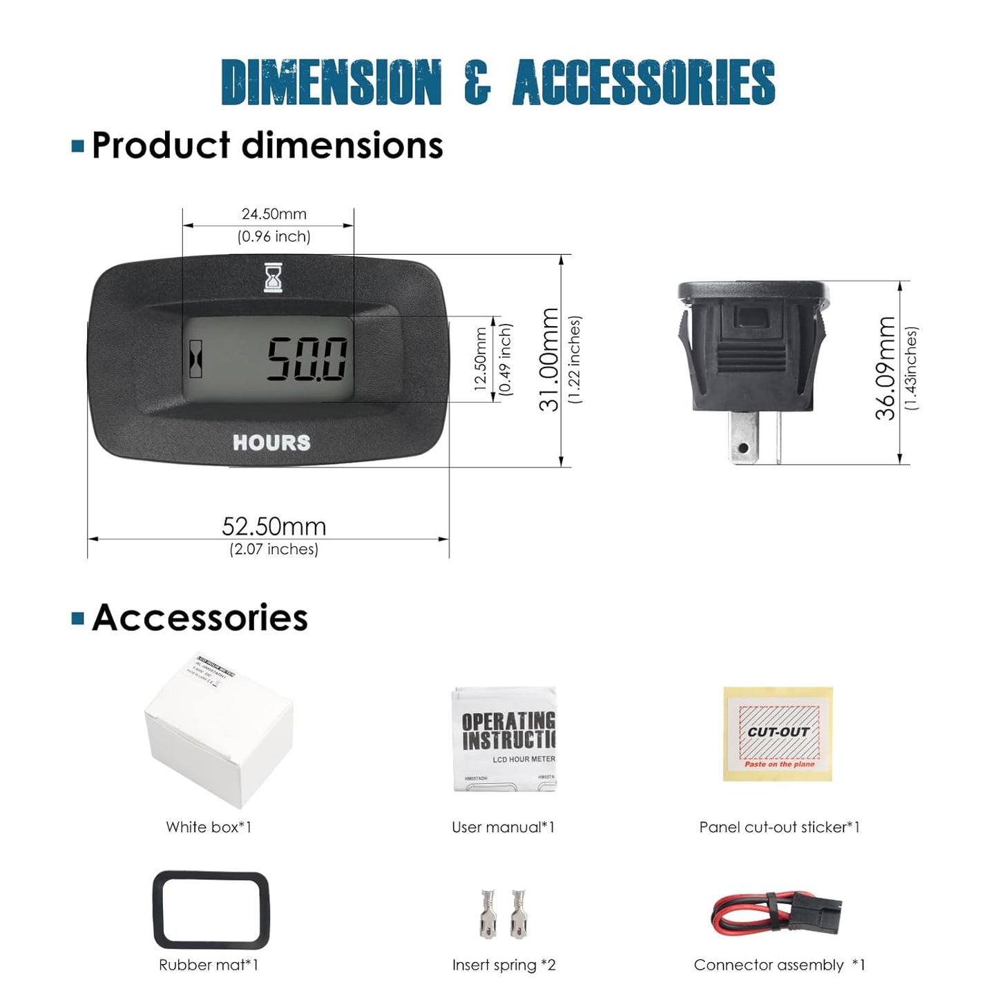 Runleader RL-HM057ADH3 LCD Hour Meter, Working Voltage DC5V to 60V.